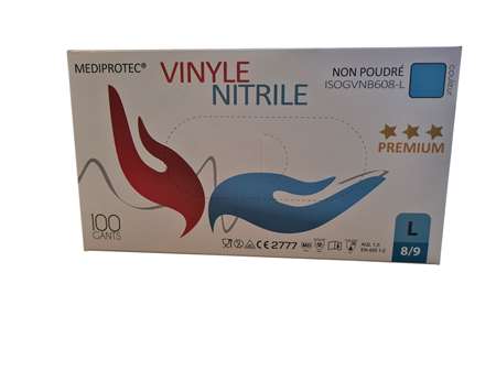Image de Gants vinyle nitrile bleu non poudrés PREMIUM x100 - T10/XL